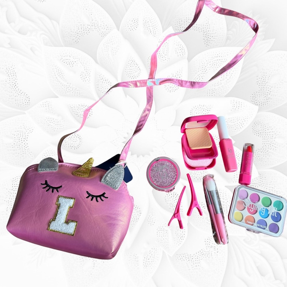 Kids Pretend Makeup Set, Pink Unicorn Crossbody Bag -  Initial L - New!‎